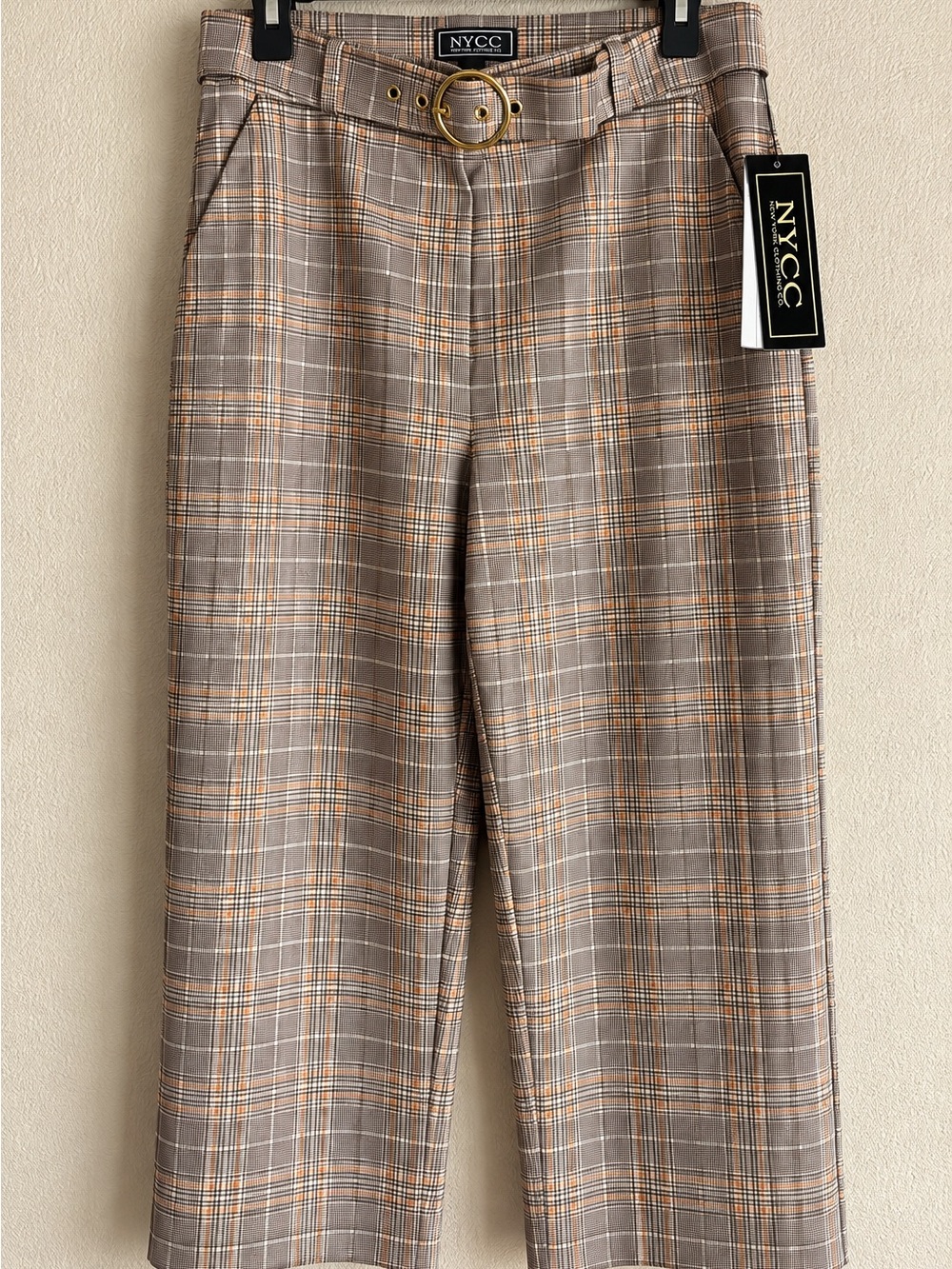 NYCC Plaid Belted Wide Leg Pants Brown Taupe Size L NWT